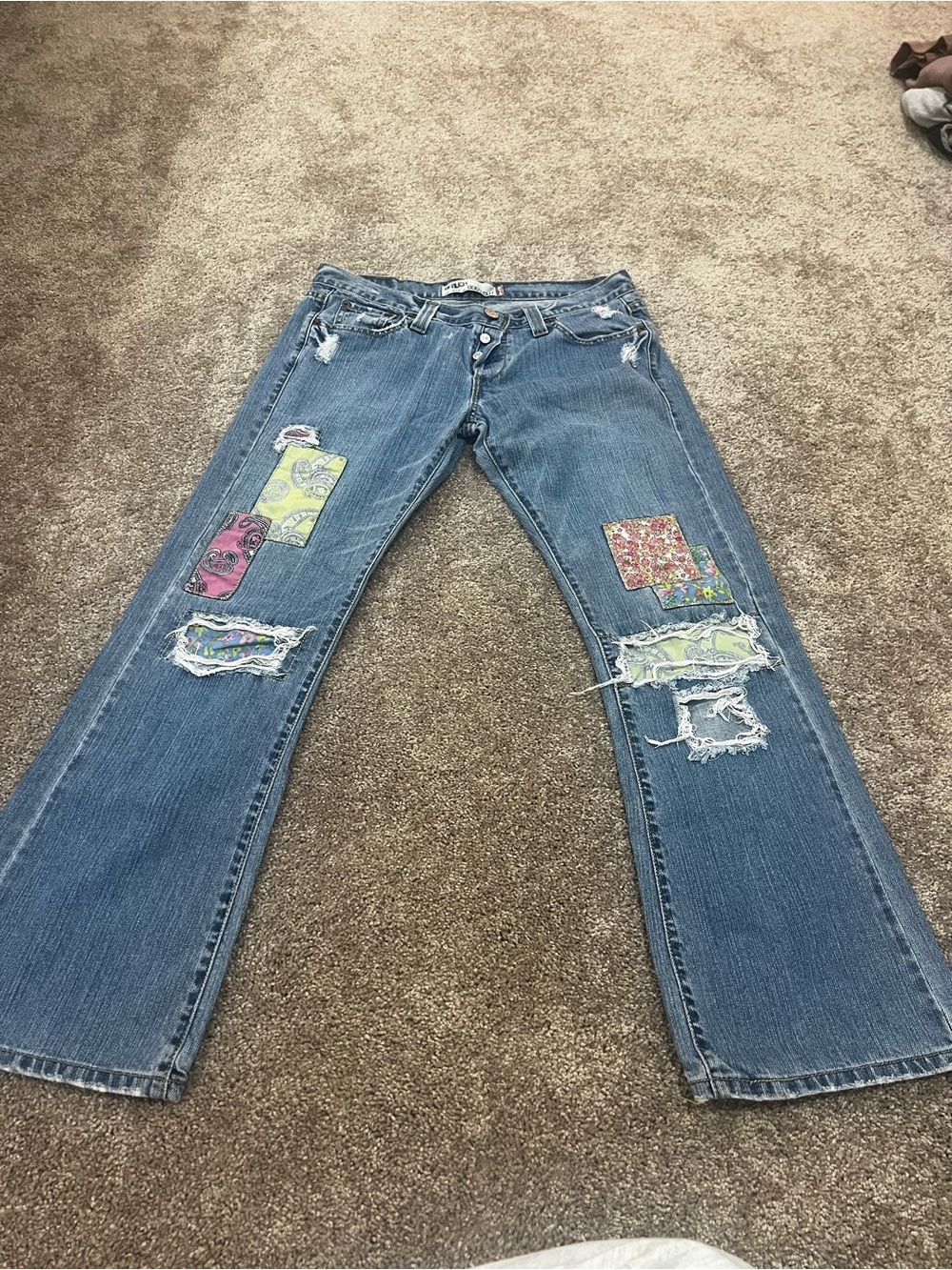 VINTAGE Levi's Blue Boot Cut Jeans with Colorful Patchwork